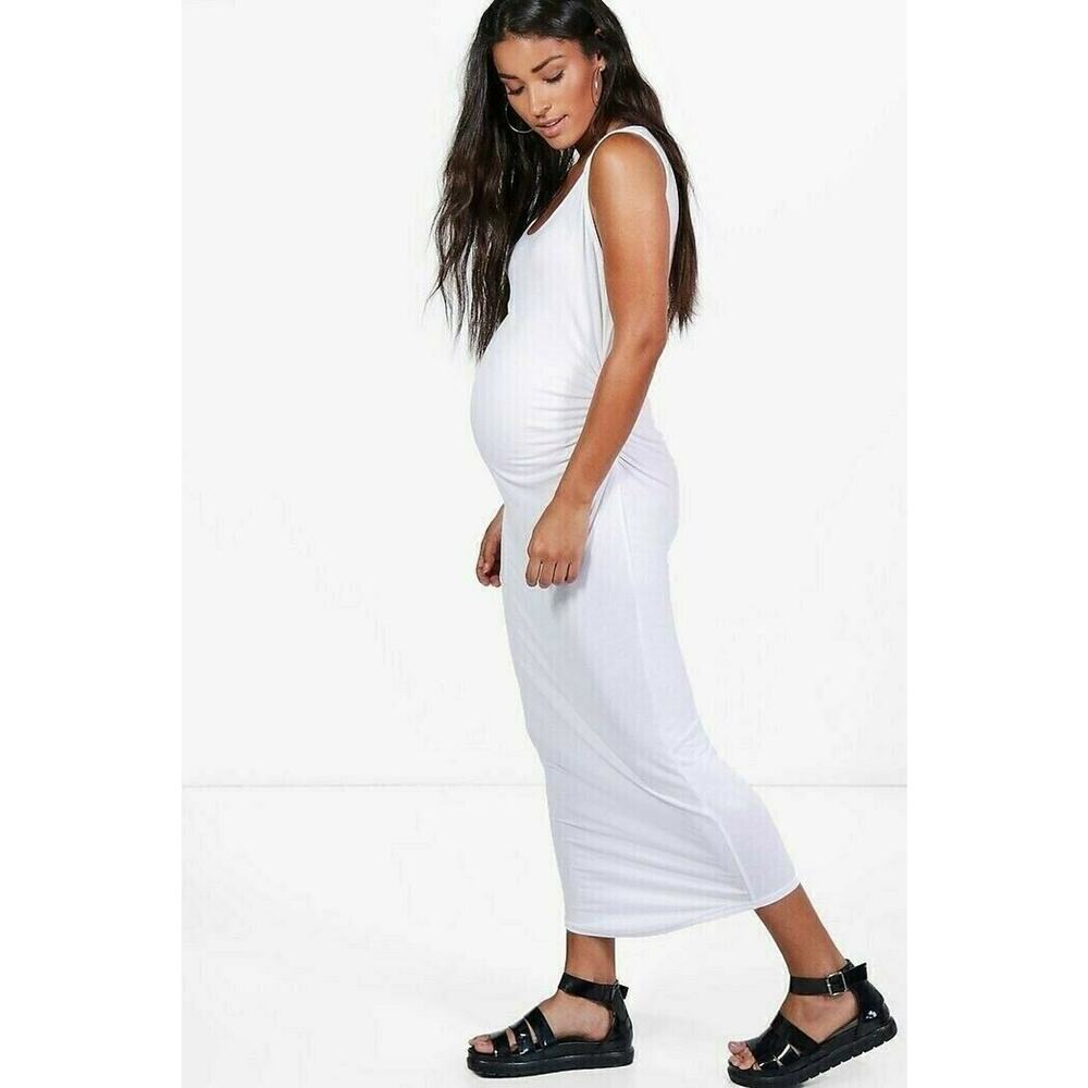 White Maternity Dress Sleeveless Ruched Stretch Fitted Midi Basic Ankle Boohoo M